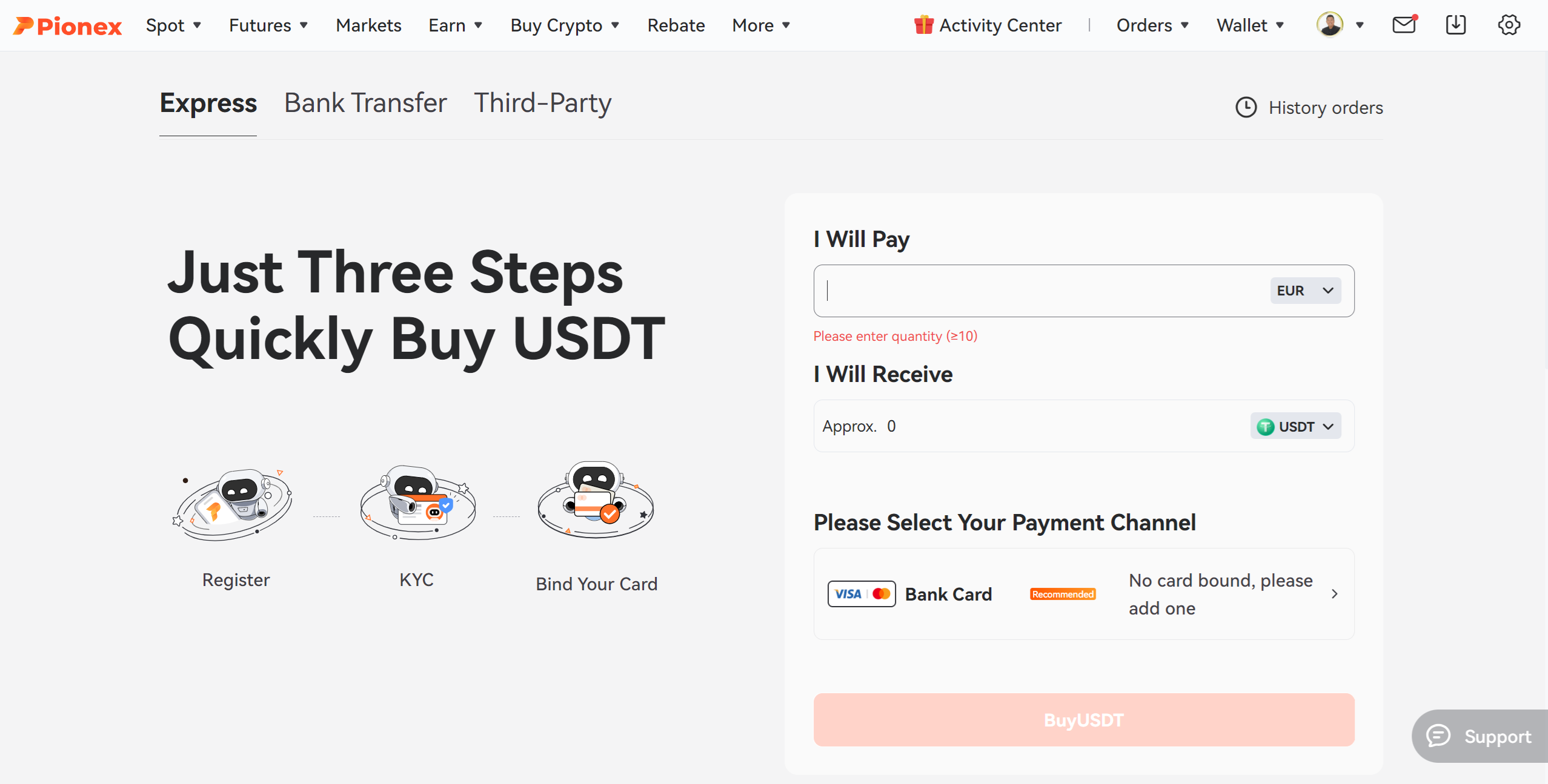 ซื้อ USDT pionex ด้วย visa master card